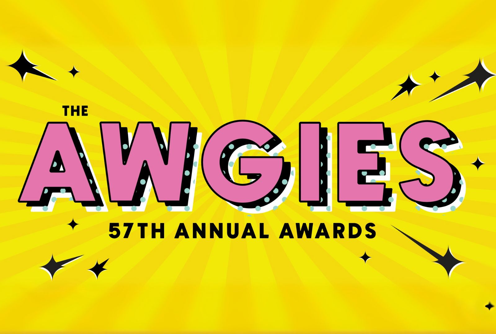 AWGIES written in pink on a yellow background with 57th Annual Awards written underneath.