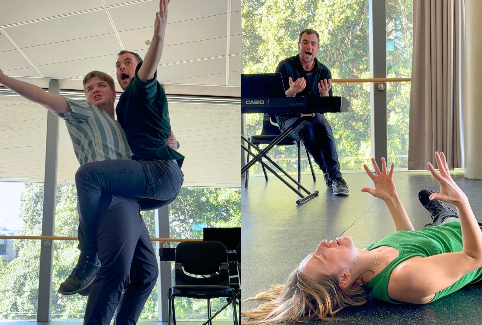 Rehearsal photos from Tick, Tick... Boom! Photo 1: Hamish Wells and Brodie Masini. Photo 2: Brodie Masini and Tessa Olsson.