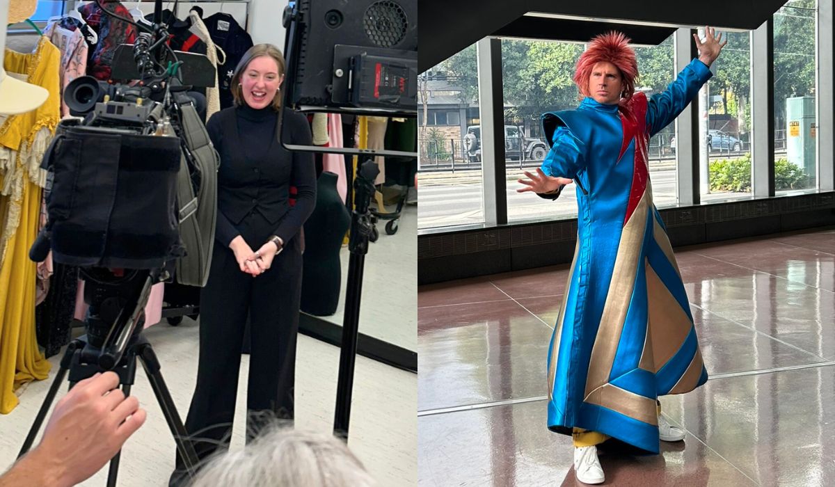 From left to right: Lily Mateljan was interviewed by Channel 7's Sydney Weekender at NIDA. Sam Mac modelled Lily's David Bowie inspired major work.