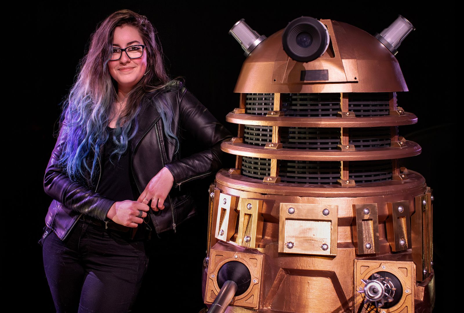 Eryn Douglas with her third-year major work, a Dalek from the tv series 'Doctor Who'.