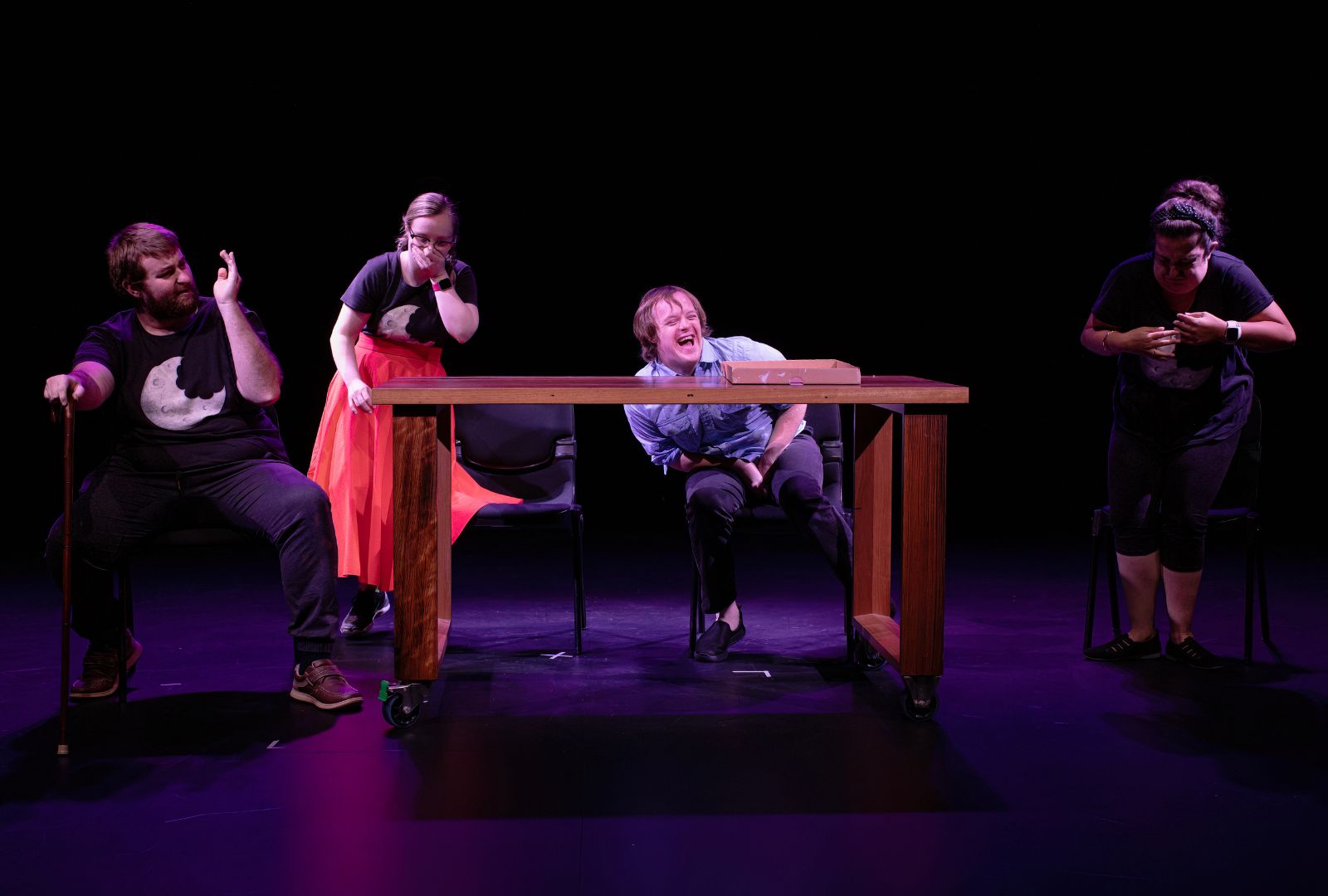 From left to right Oliver Williams, Rae Pastuszak, James Penny, Sarah Armstrong are on stage at NIDA. This cast from Midnight Feast performing 'Gastrobotik'