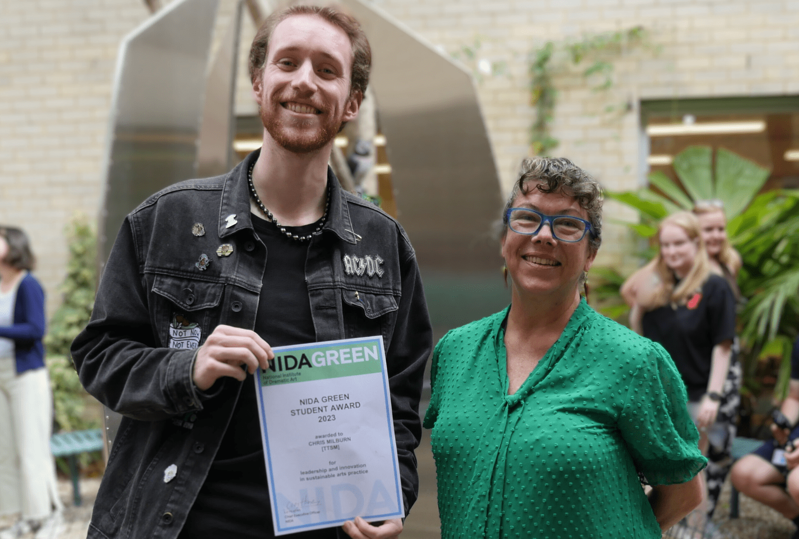 NIDA Sustainability Manager Imogen Ross awarded the 2023 NIDA Green Student Award to Chris Milburn (Technical Theatre and Stage Management, 2023)