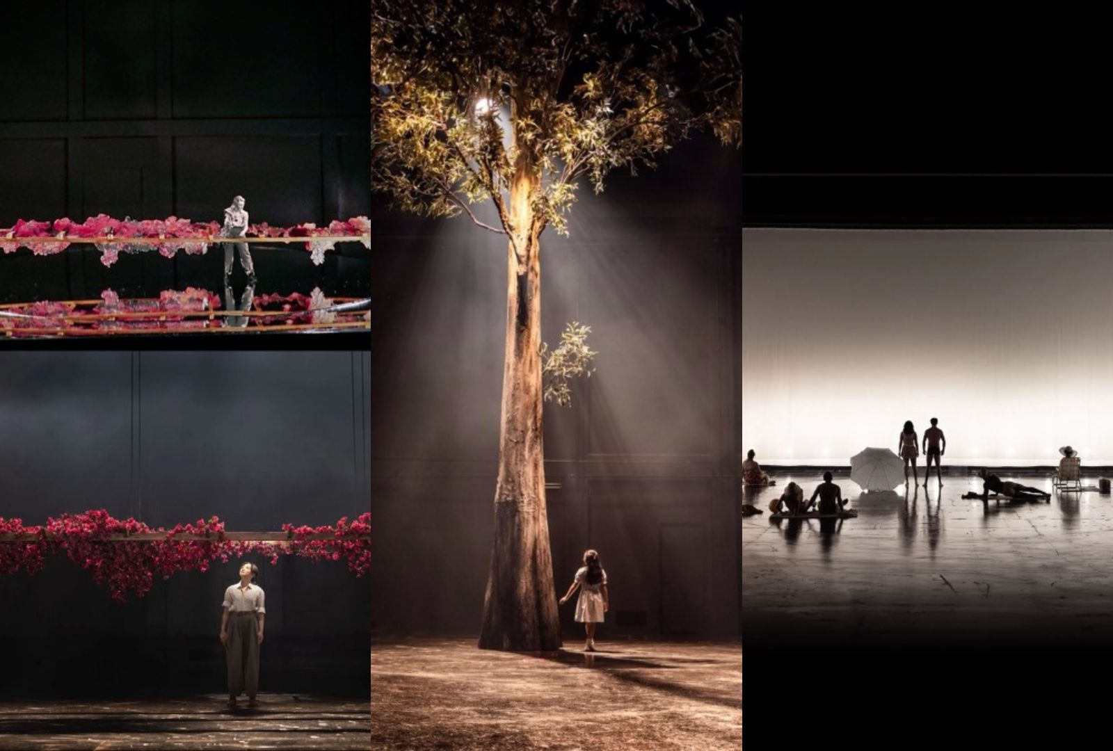 Three production photos of On The Beach featuring people interacting with nature. 