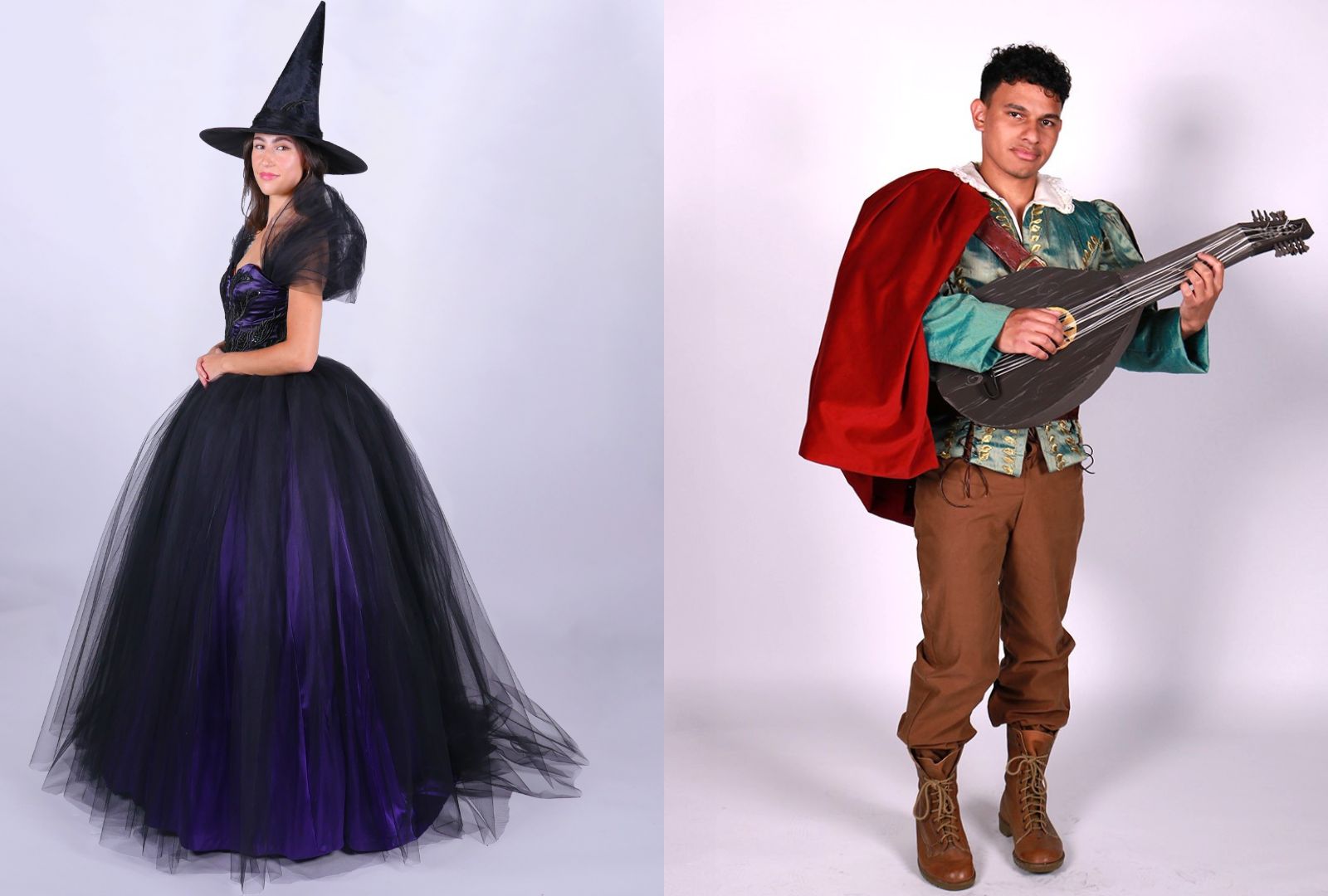 Left: A female presenting model dressed in a purple and black witch costume with puffed layers of black tulle and a pointed black hat. Right: A male presenting model in a blue silk tunic, brown pants and a red cape, he is strumming a lute.