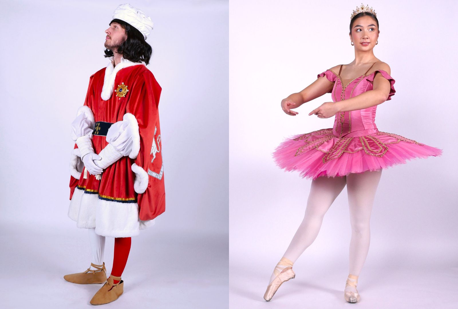 Left: A Male presenting model wears a red velvet and white fur-trimmed costume based on the Palio Di Siena. A female presenting model wears a pink and gold tutu, ballet shoes and a gold crown.