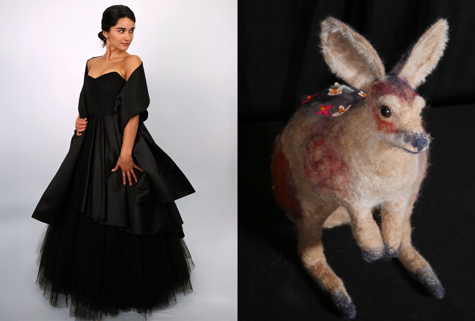 Left: A woman in a black, floor-length gown with a black shawl. Right: A puppet depicting a wallaby with pink flowers on its back.