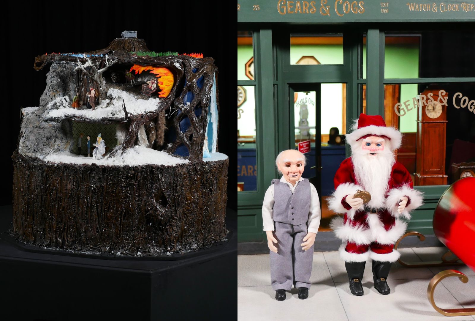 Left: A diorama of scenes from the book The Lion the Witch and the Wardrobe with 2D and 3D elements. Right: A doll of Santa holding a small gold pocket watch standing next to the Watchmaker in front of his shop.