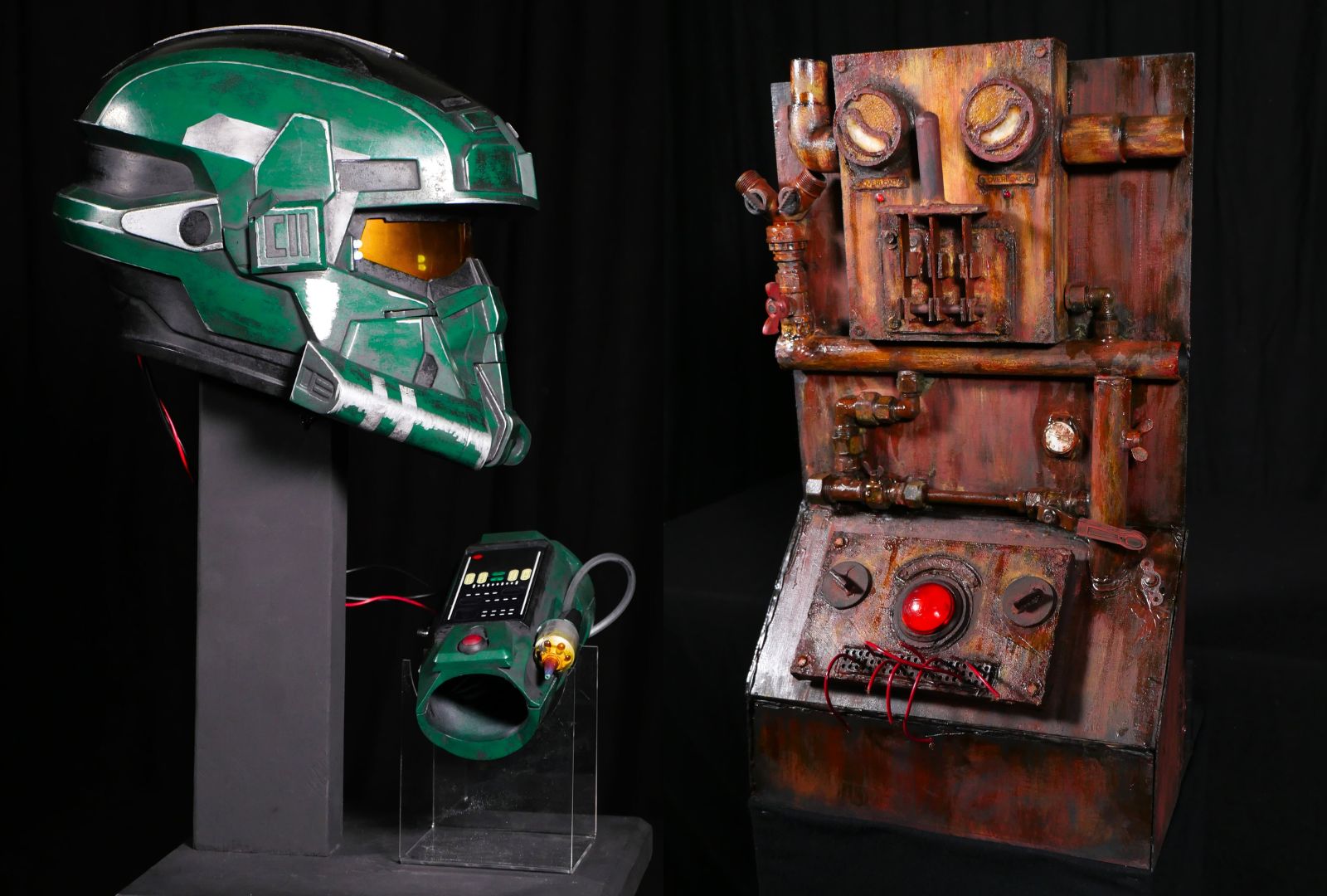 Left: A green helmet with a yellow visor and matching arm cuff. Right: A sculpture depicting a rusted panel with pipes and faces created from the different components.