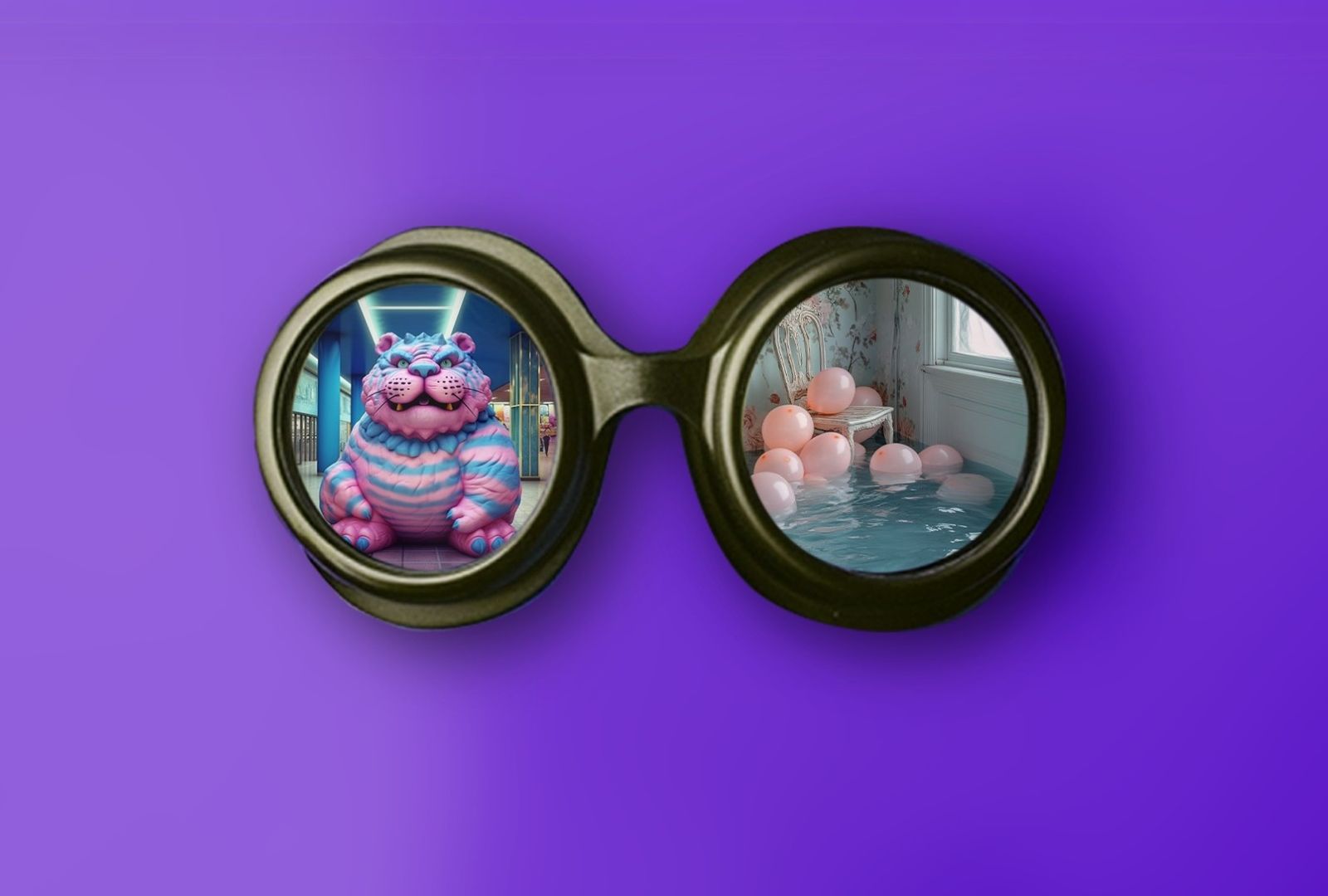 Goggles on a purple background with a pink and blue cat in one lens and balloons in water floating against a wallpaper background in the left goggle.