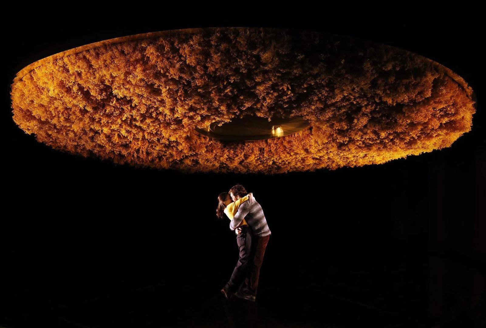 Catherine Văn-Davies and Johnny Carr embrace in the dark beneath a large, coral-like dome that is lit in yellow.